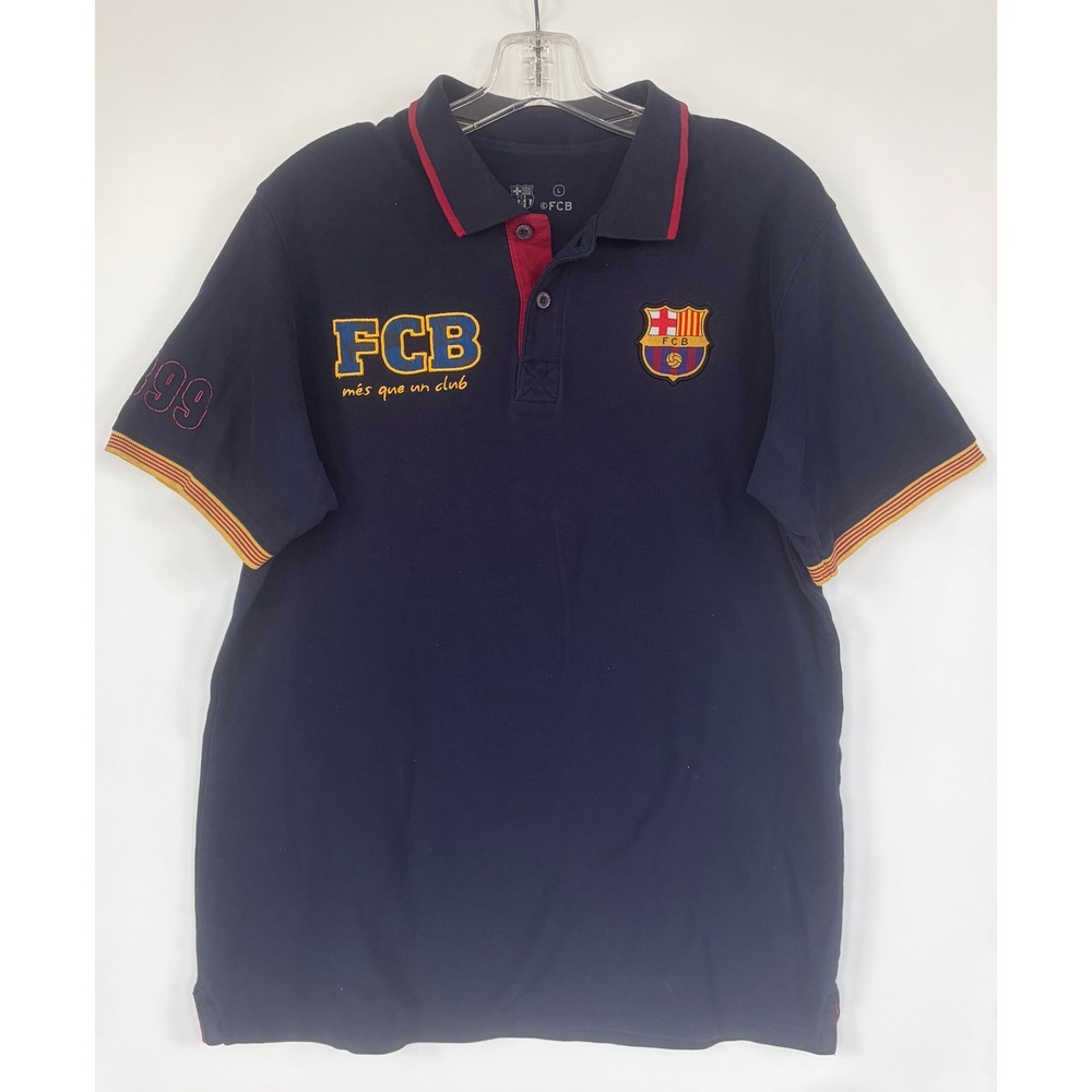 FC Barcelona Mens Large Navy Blue Polo Shirt Soccer Crest Embroidered Logo FCB!!